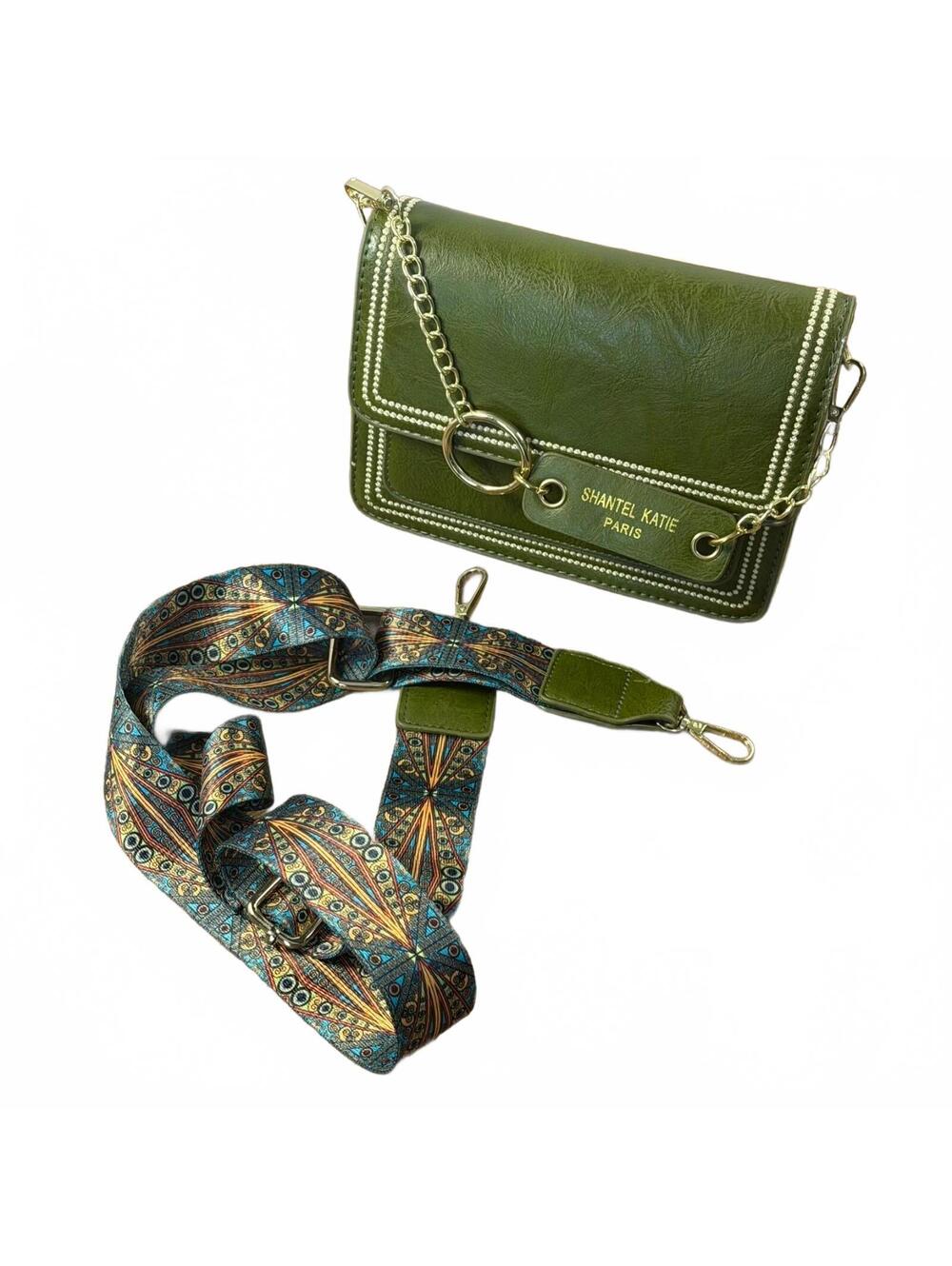 Shantel Katie Paris Olive Green Crossbody Bag Gold Chain Wide Guitar Strap Purse
